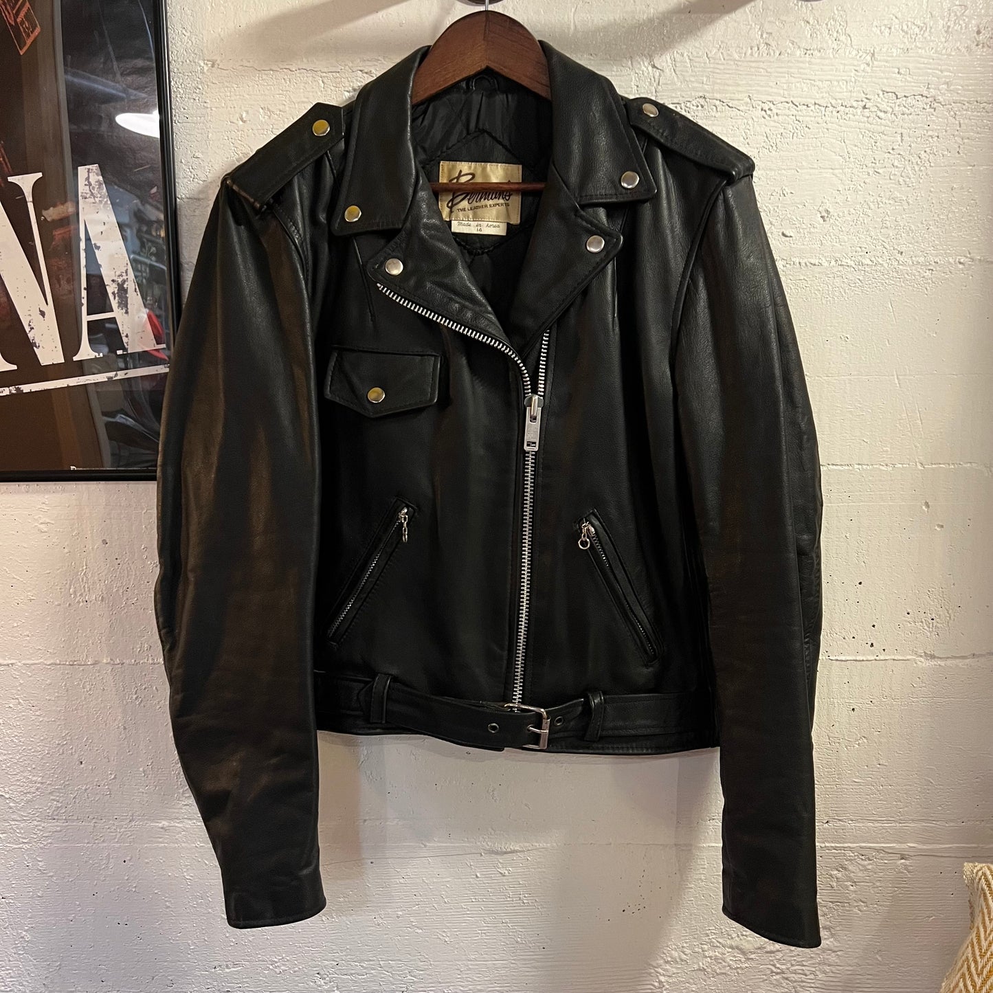 Vintage 1980's Berman's Leather Moto Biker Jacket - Size 14 (Medium) - Genuine Leather - Black