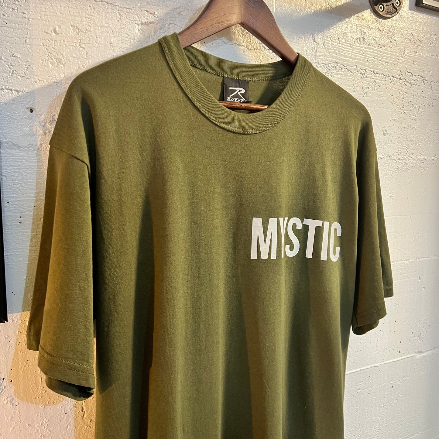 Vintage MYSTIC™ (Past/Present/Future) T-Shirt - Size Large - Made In USA - Olive Drab/Mystic White