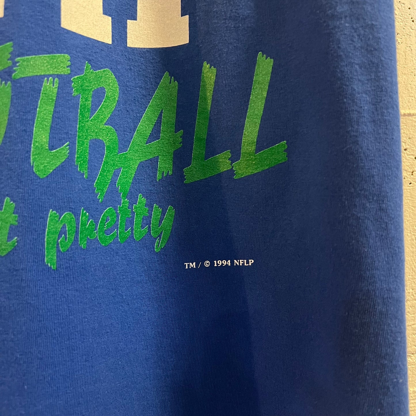 Vintage 1994 NFLP Seattle Seahawks ‘Blood, Sweat & Turf’ Single Stitch T-Shirt - Size Large - Made In USA - Blue/White