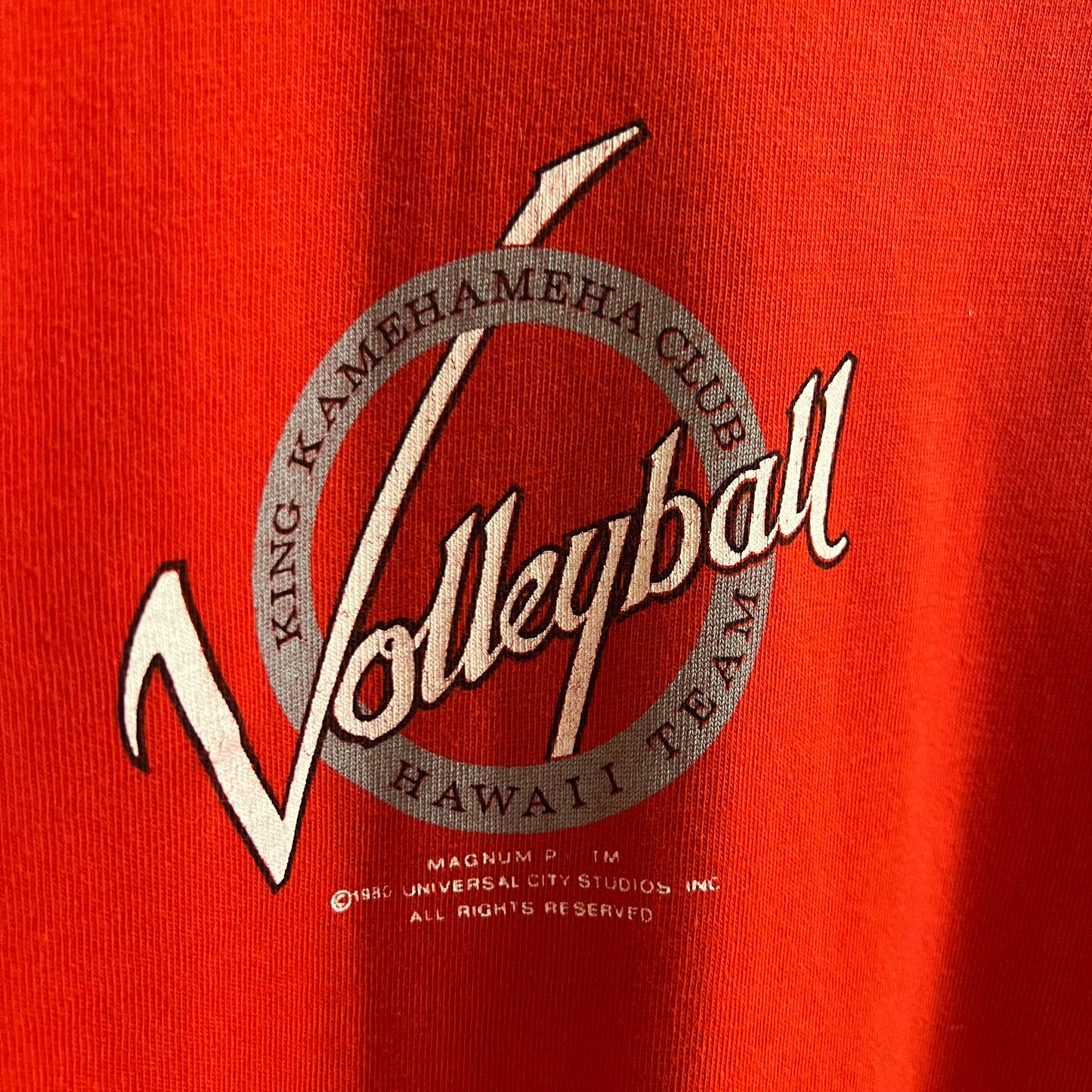 Vintage 1980's Magnum Pi 'King Kamehameha Club Volleyball Crazy Shirts Hawaii Long Sleeve Single Stitch T-Shirt - Size Large - Made In USA - Red - 100% Cotton