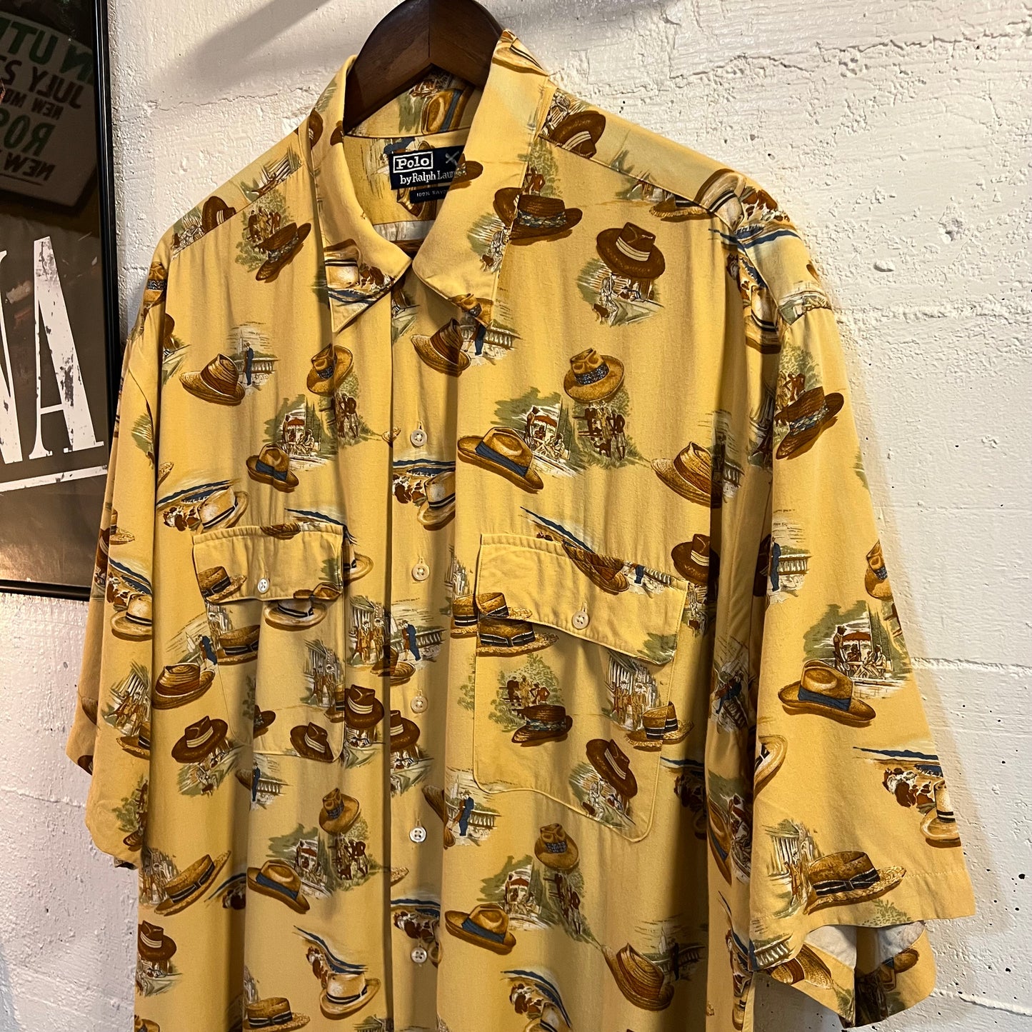 Vintage Polo Ralph Lauren Summer Hat All Over Print Rayon Loop Collar Aloha Hawaiian Shirt - Size XL - 100% Rayon