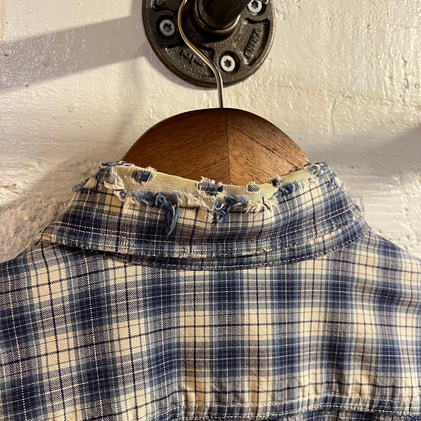 Vintage 90's Distressed Carhartt Painters Shadow Plaid Button Down Shirt - Size Medium - Union Made In USA - Blue/White