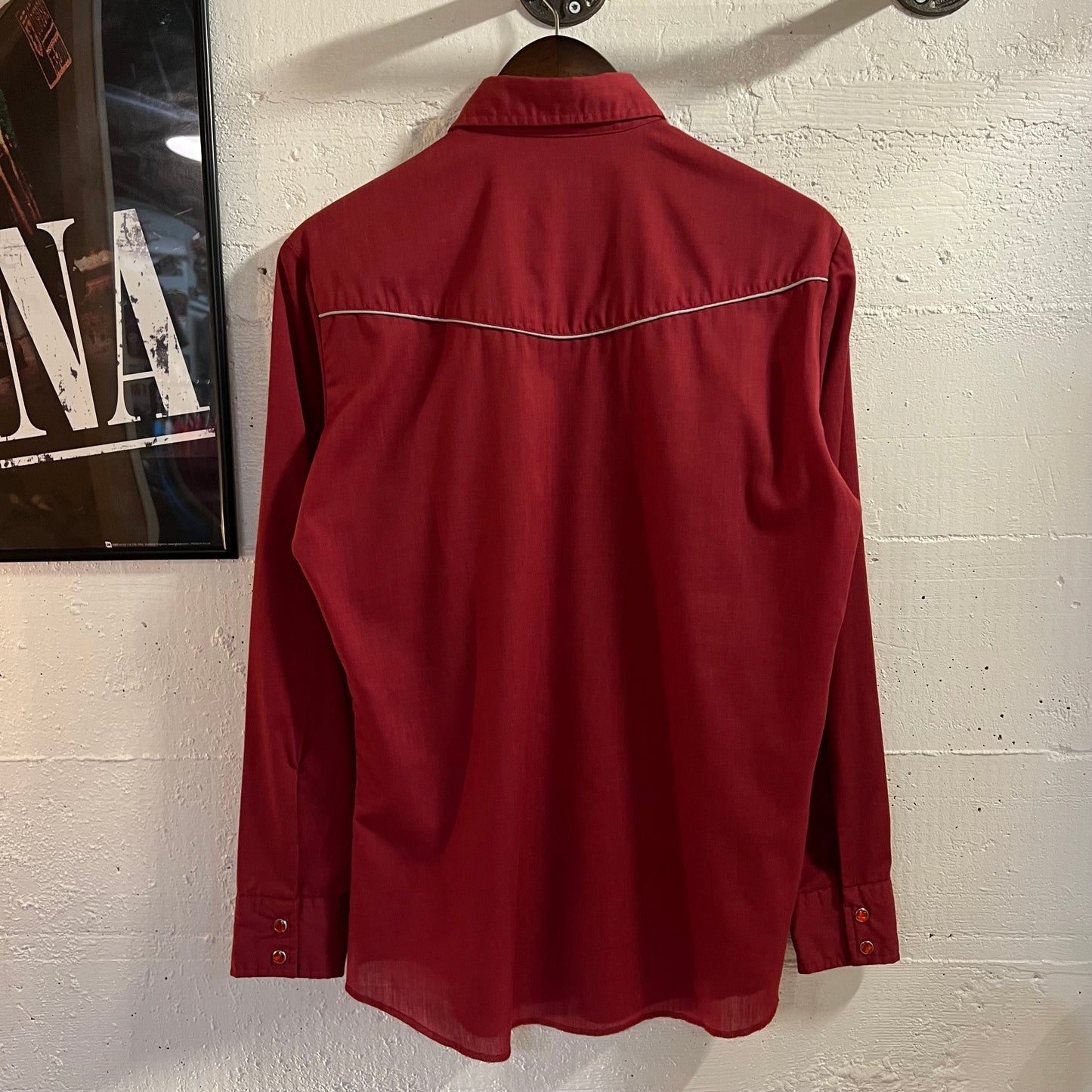 Vintage 1970's Wrangler Western Yoke Pearl Snap Western Shirt - Size Medium - Made In USA - Maroon/Silver
