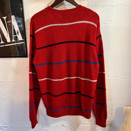 Vintage 80’s Jantzen Argyle Diamond Patterned Horizontal Striped Knitted Sweater - Size Large - Made In USA - Red/Navy/Blue/Grey