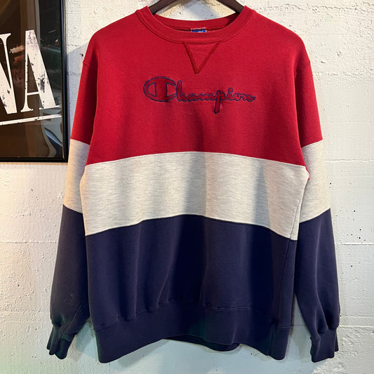 Vintage Embroidered Champion Color-Blocked Crewneck Sweatshirt - Size XL - Made In USA - Red/Grey/Navy