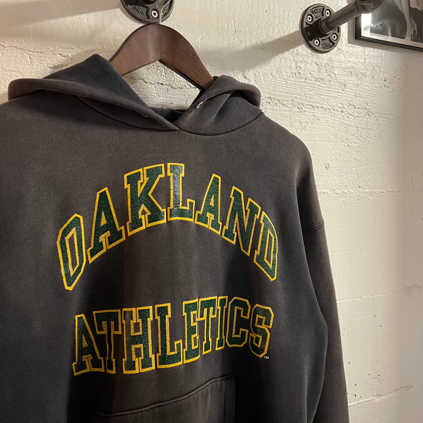 Vintage 90’s Faded Nutmeg Mills Oakland Athletic MLB Hoodie Sweatshirt - Size Large - Made In USA - Black/Green/Yellow