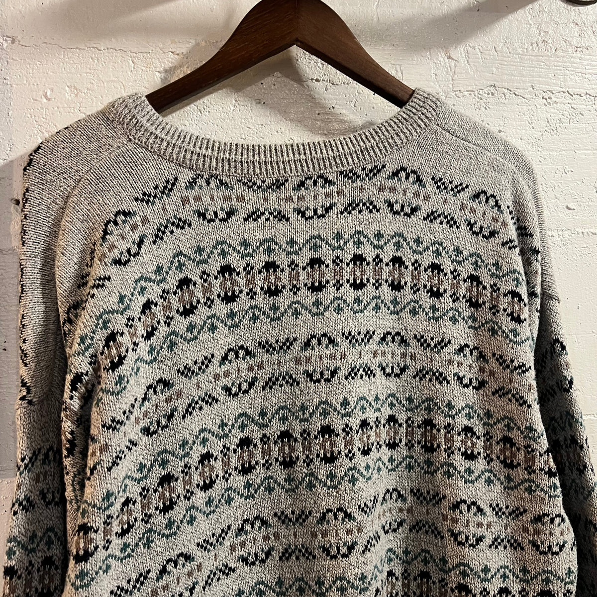 Vintage 90’s Jantzen Fair Isle Geometric Knitted V-Neck Sweater - Size Large - Made In USA - Grey/Blue/Black/Tan