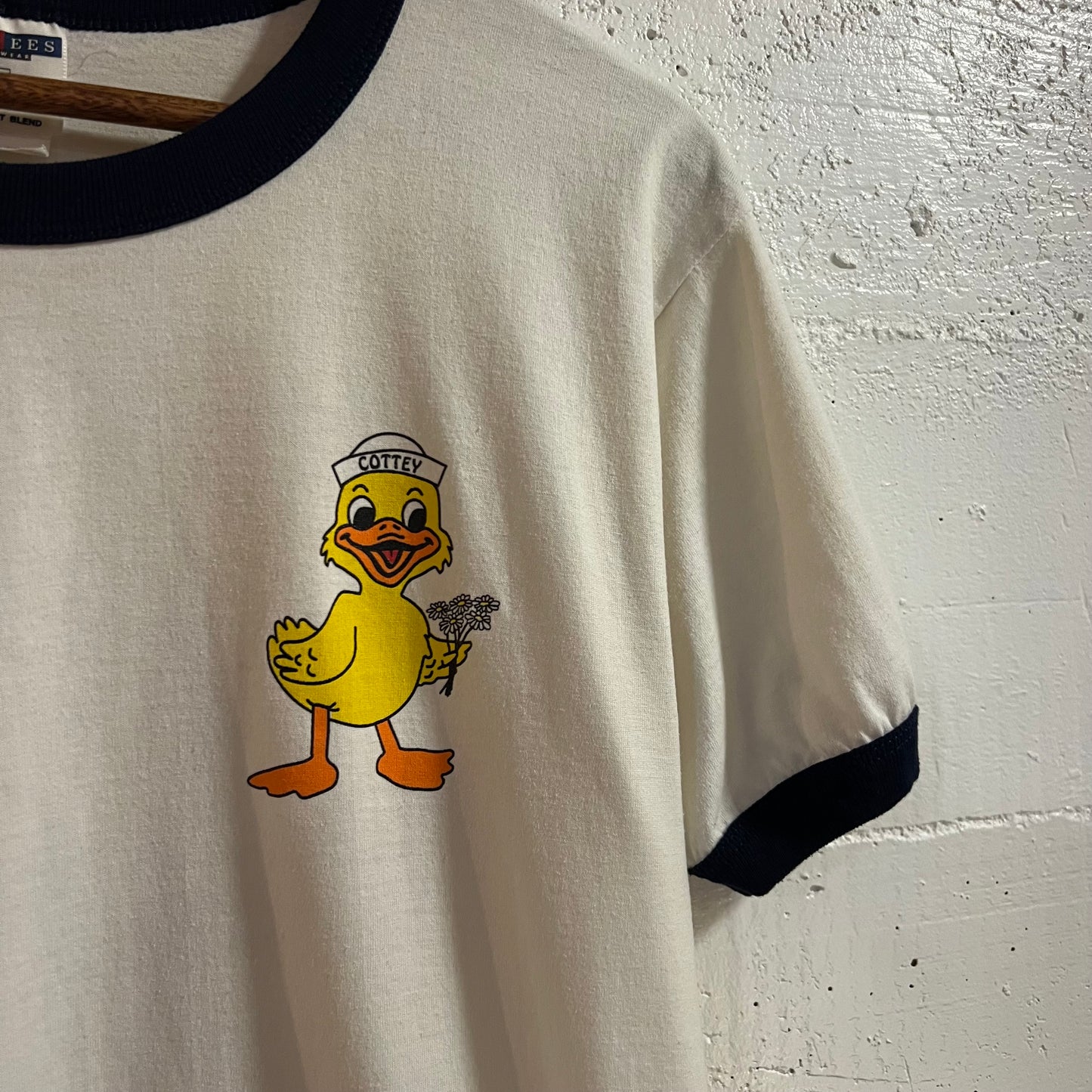 Vintage 90’s Jerzees Cottey College Duck Ringer T-Shirt - Size Medium - White/Navy