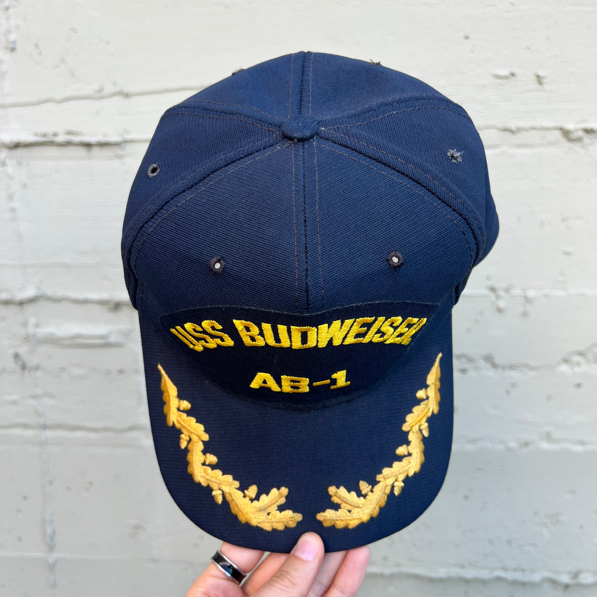 Vintage USS Budweiser AB-1 Naval Style Snapback Hat - O/S - Made In USA - Navy/Yellow