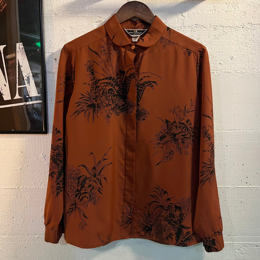 Vintage 1970's Alex Colman Floral Print Button Up Shirt - Size Medium - Burnt-Orange/Black