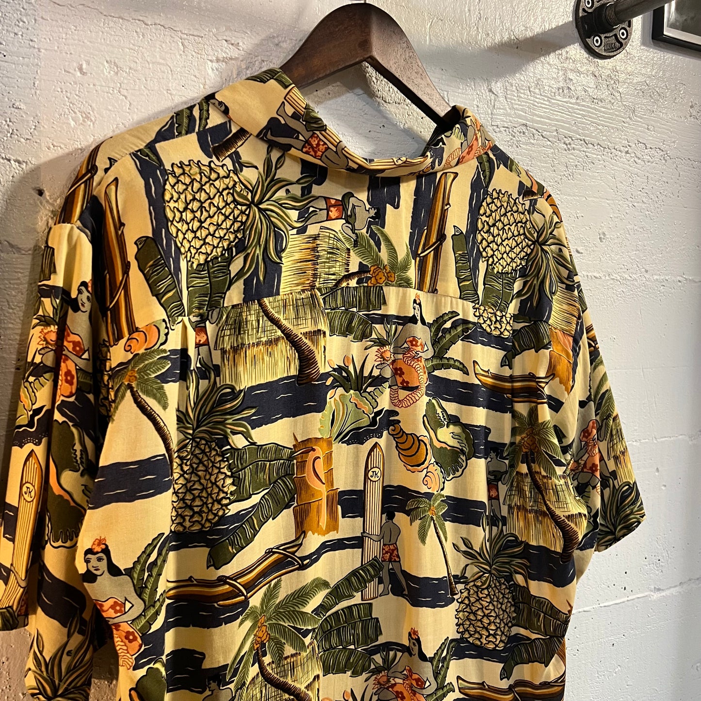 Vintage Joe Kealoha Hula Girl Surfer Rayon Aloha Shirt - Size Medium - Made In USA - 100% Rayon