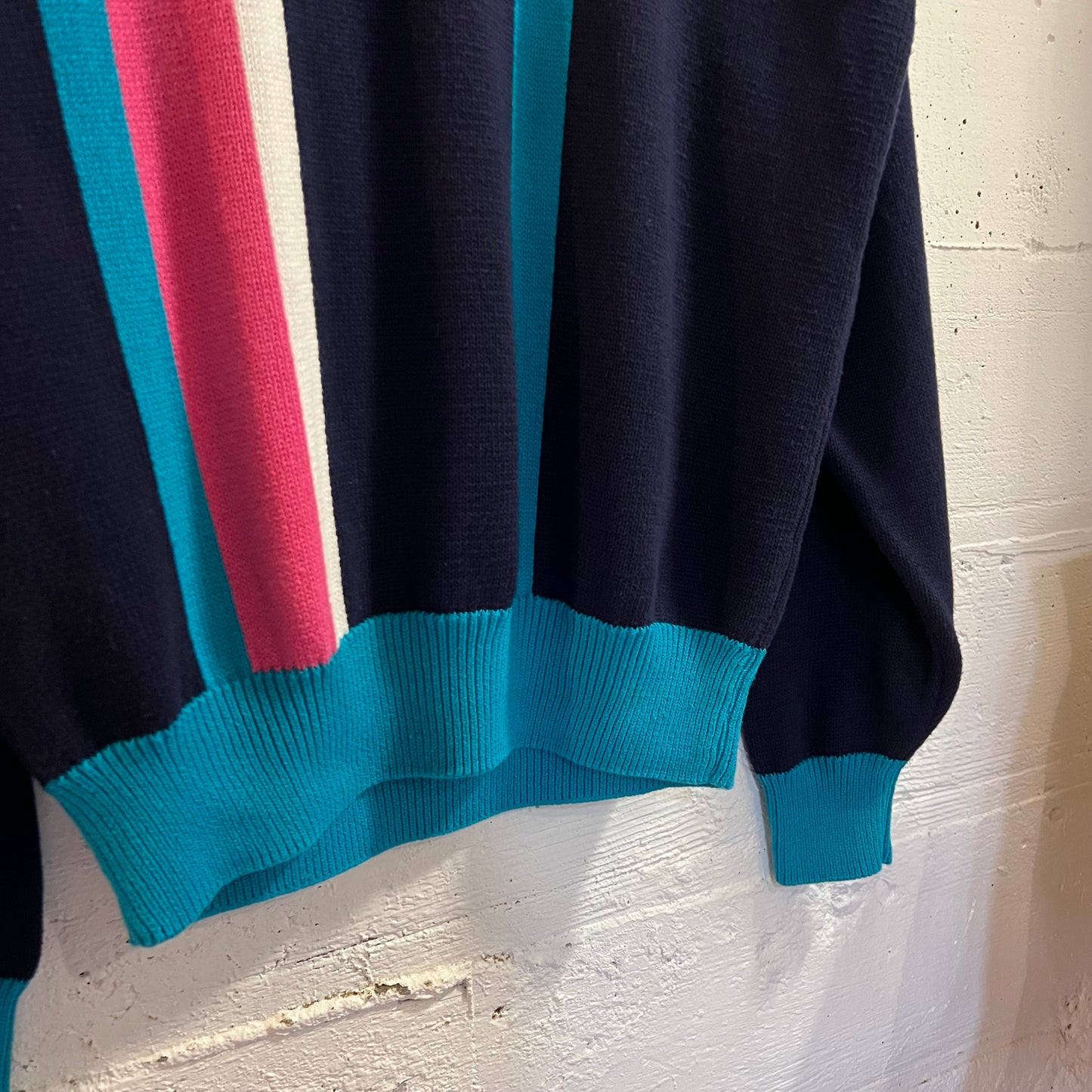 Vintage 80’s Mark Scot Geometric Plaid Pattern Knitted Sweater - Size Large - Navy/Turquoise/Pink/White