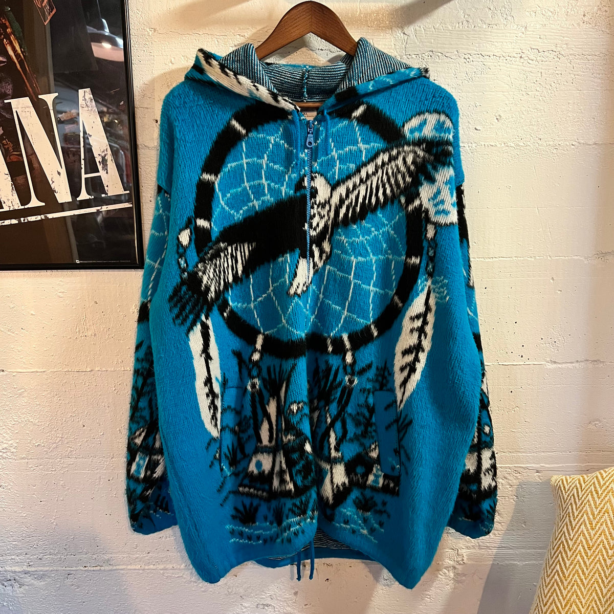 Vintage Native Dreamcatcher Fuzzy Zip Up Fleece Sweatshirt - Size XL - Blue/Multi