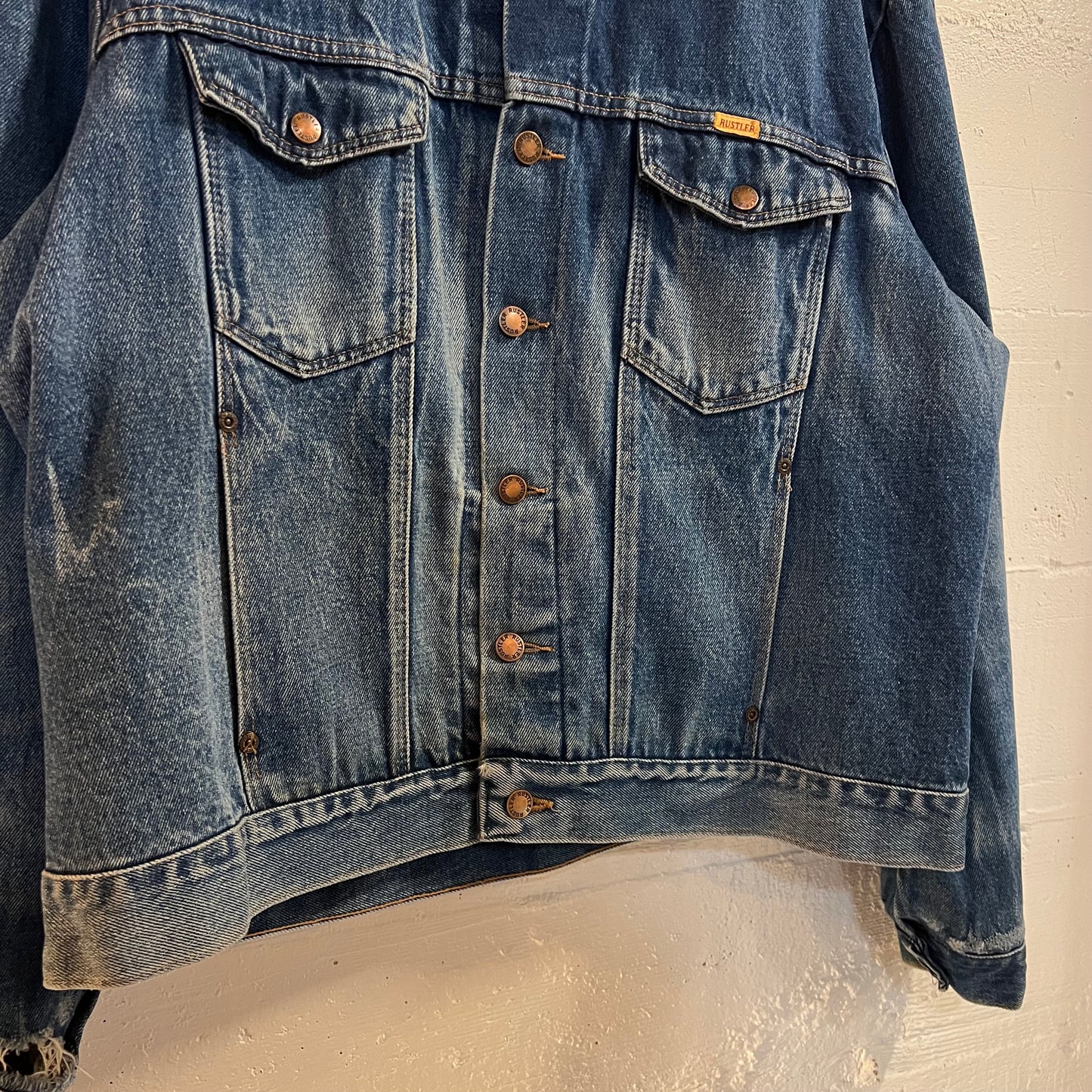 Vintage 70’s Faded/Distressed Rustler Button Up Denim Jacket - Size XL - Medium Wash