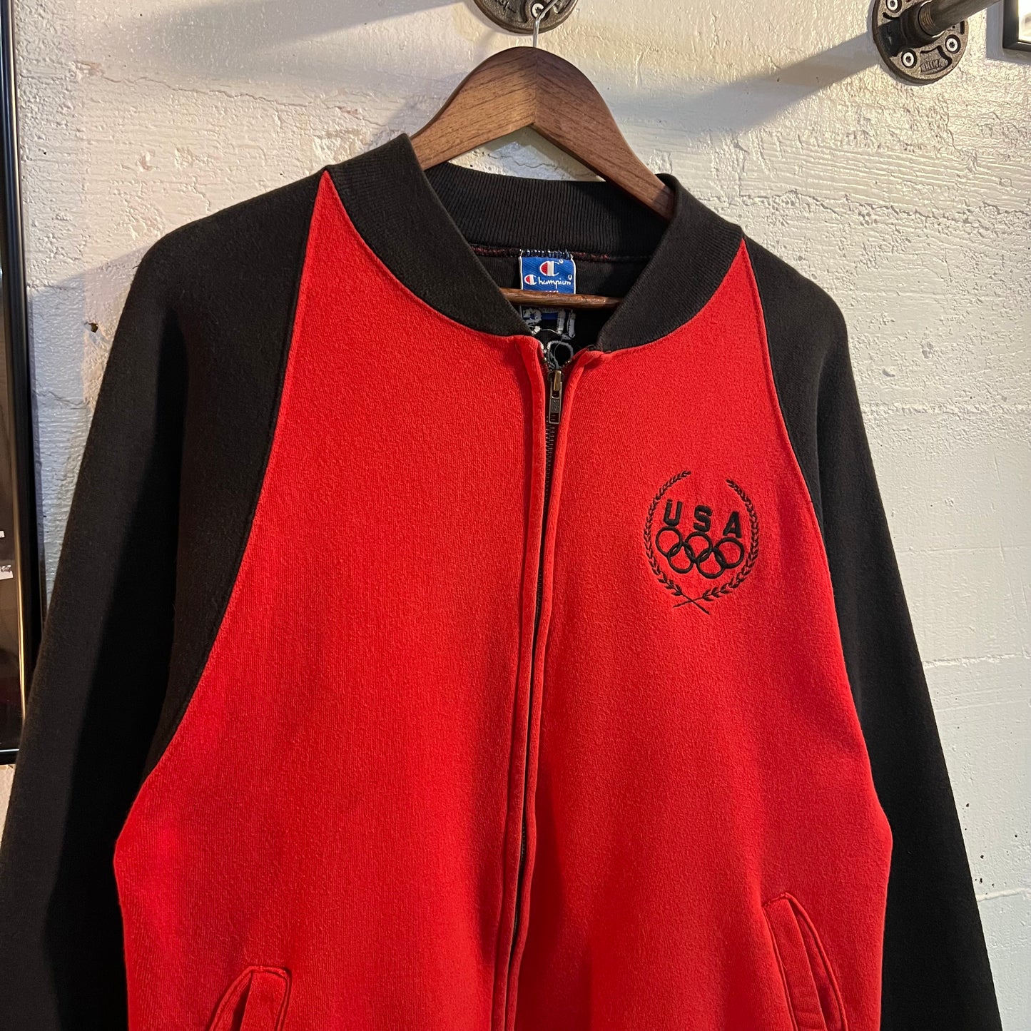 Vintage Embroidered Champion Olympic Zippered Crewneck Sweatshirt - Size Large - Made In USA - Black/Red