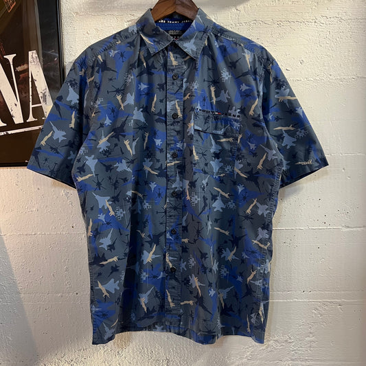 Vintage 90's Tommy Hilfiger Tommy Jeans All Over Print Fighter Jet Camo Short Sleeve Button Up Shirt - Size Medium - Navy/Blue