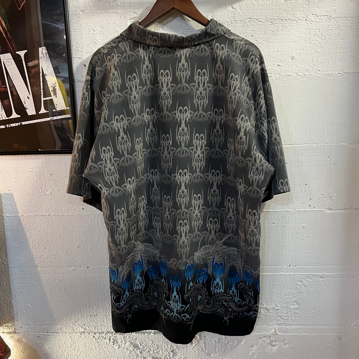 Vintage Y2K ODO Tribal Dragon All Over Print Camp Shirt - Size XL - Gray/Blue/Black