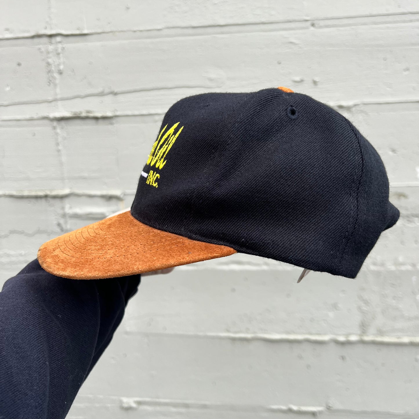Vintage Embroidered Carmichael Oil Inc. Snap Back W/ Leather Bill Hat - One Size Fits Most - Black/Yellow/White/Brown