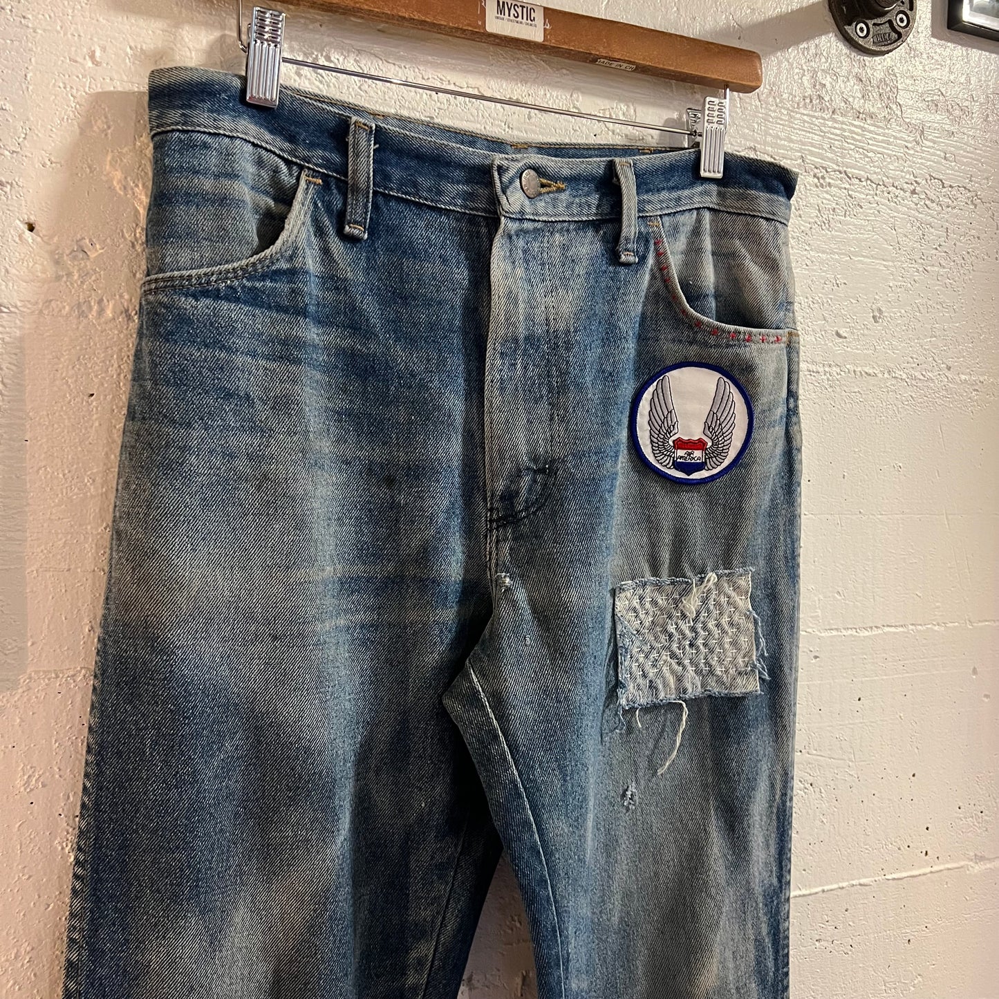 Vintage 70's/80's Rustler Faded Distressed Patch Denim Jeans - Size 32" x 32" - Made In USA - 87620 - Light Faded Indigo