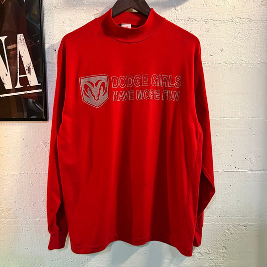 Vintage Distressed 'Dodge Girls Have More Fun' Long Sleeve Single Stitch T-Shirt - Size Large - Made In USA - Red