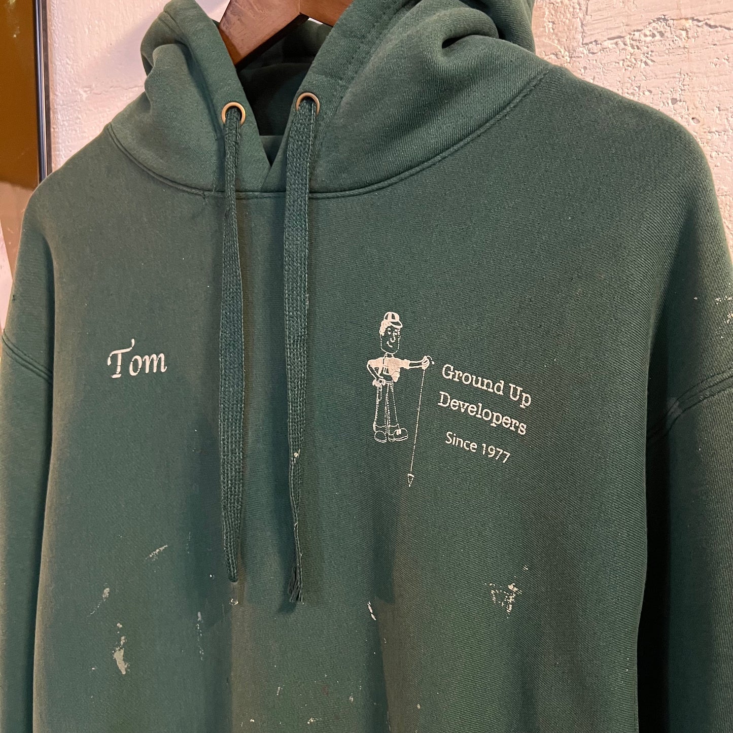 Y2K Distressed Heavyweight Paint Splatter Hooded Sweatshirt - Size XL - Forest Green