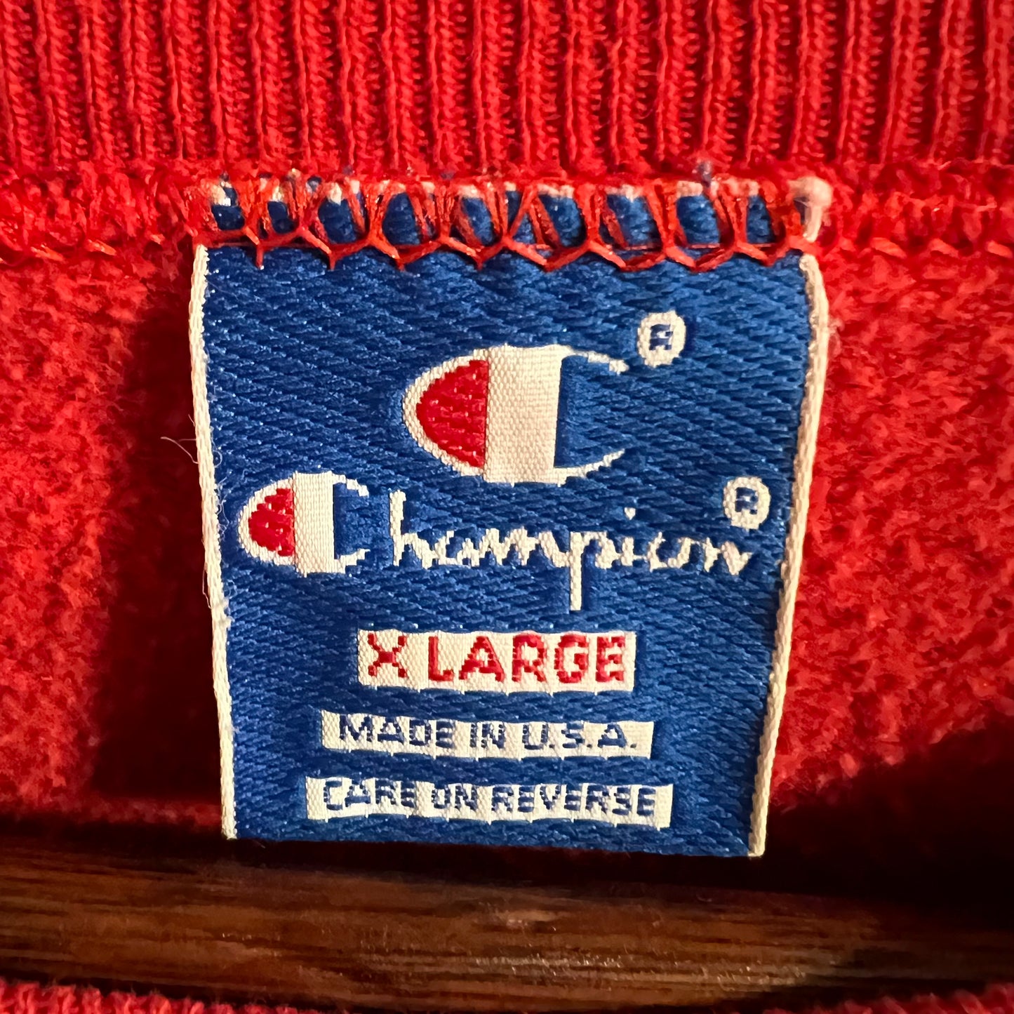 Vintage 80's/90's Champion Classic Script Embroidered Single "V" Crewneck Sweatshirt - Size XL - Made In USA - Red