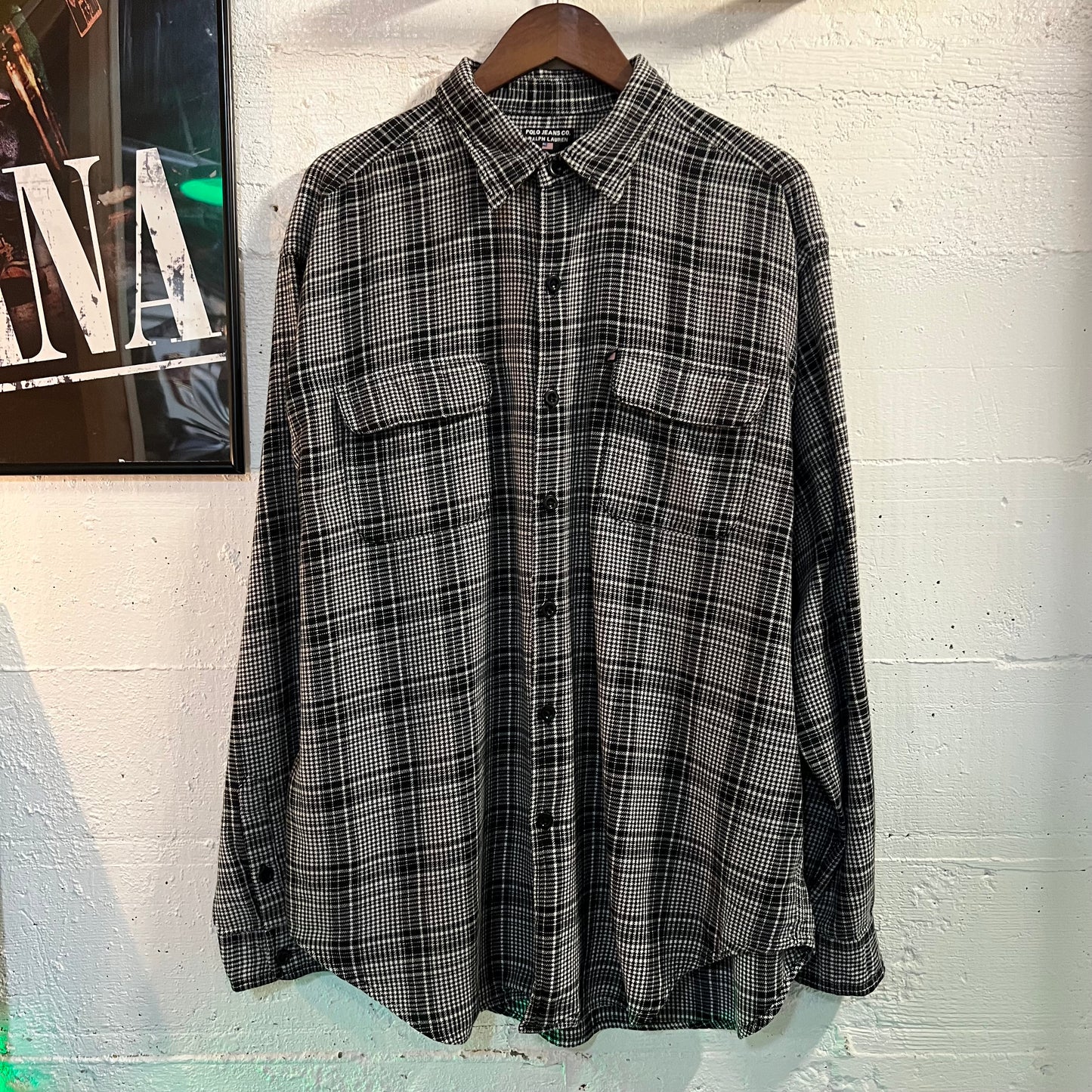 Vintage 90's Polo Jeans Ralph Lauren Houndstooth Micro Plaid Button Up Cotton Flannel Shirt - Size XL - Black/White