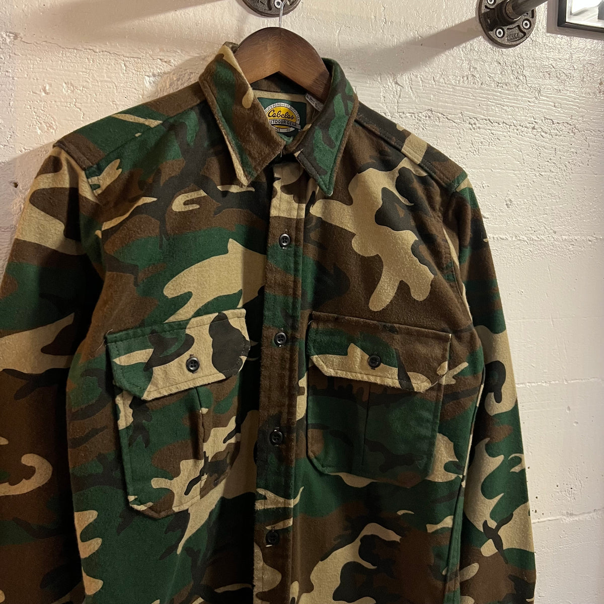 Vintage 90’s Cabela’s Woodland Camo Chamois Cloth Long Sleeve Button Up Flannel - Size Small - Made In USA - Earth Toned