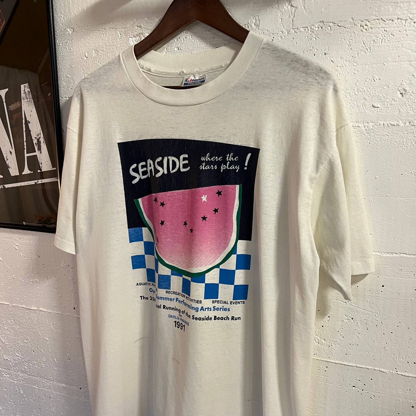 Vintage 1991 Distressed Seaside Souvenir Single Stitch T-Shirt - Size Large - Made In USA - White