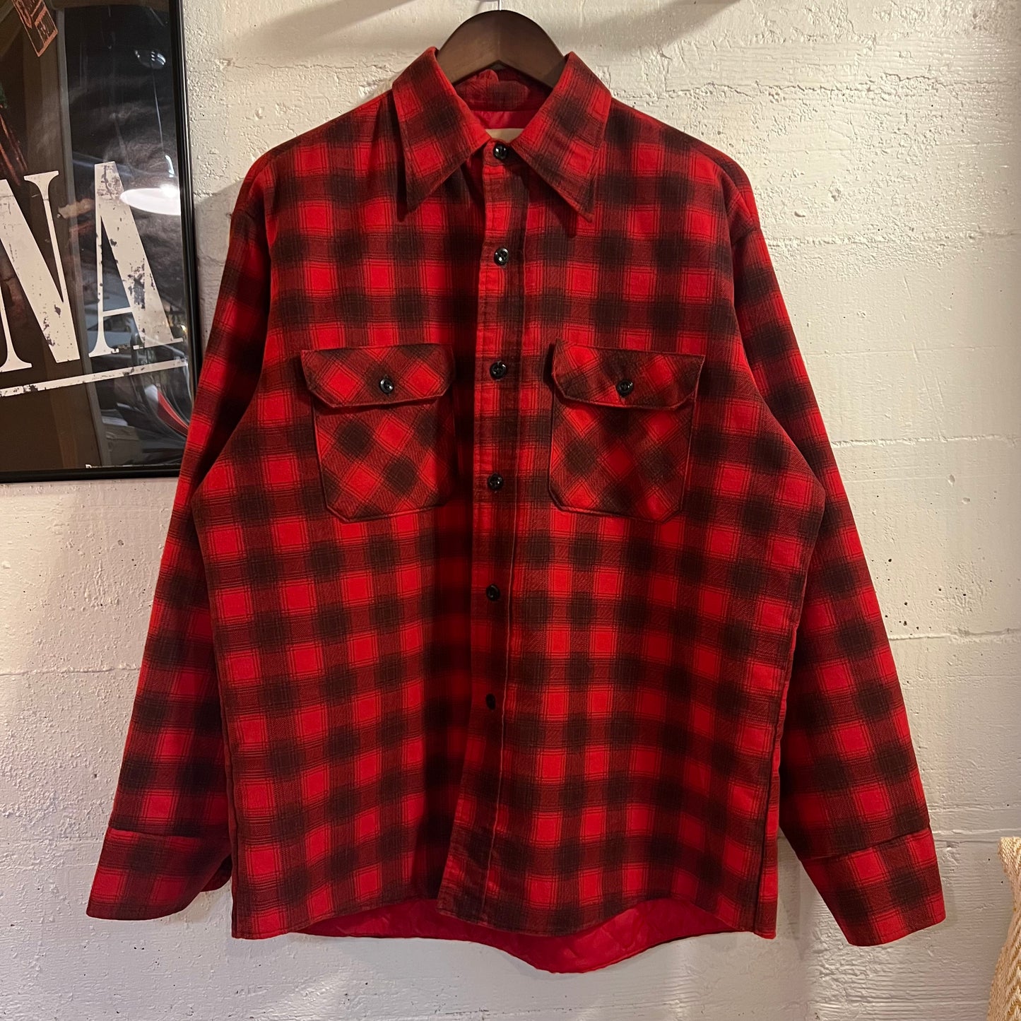 Vintage 1970's Sears Fieldmaster Quilt Lined Shadow Plaid Flannel Shirt Jacket - Size Large - Red/Black
