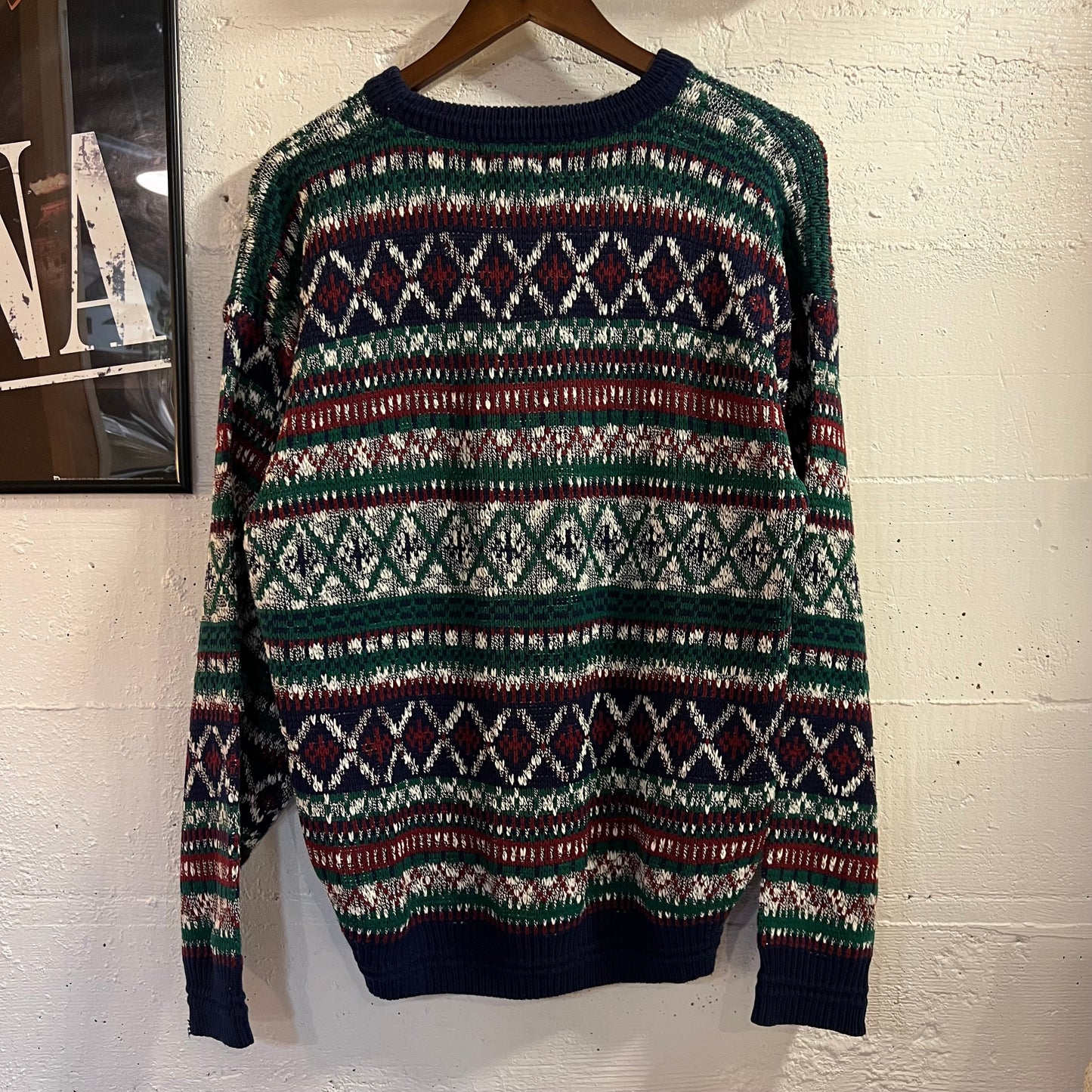 Vintage 80’s/90’s The Men’s Store At Sears Abstract Patterned Knitted Sweater - Size Large - Navy/Red/White/Green