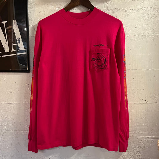 Vintage 80’s World Class Surfing Long Sleeve Single Stitch Pocket T-Shirt - Size Large - Made In USA - Pink/Multi