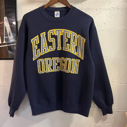 Vintage 80’s/90’s Jerzees Eastern Oregon Puff Print Crewneck Sweatshirt - Size Medium - Made In USA - Navy/Yellow/Grey/White