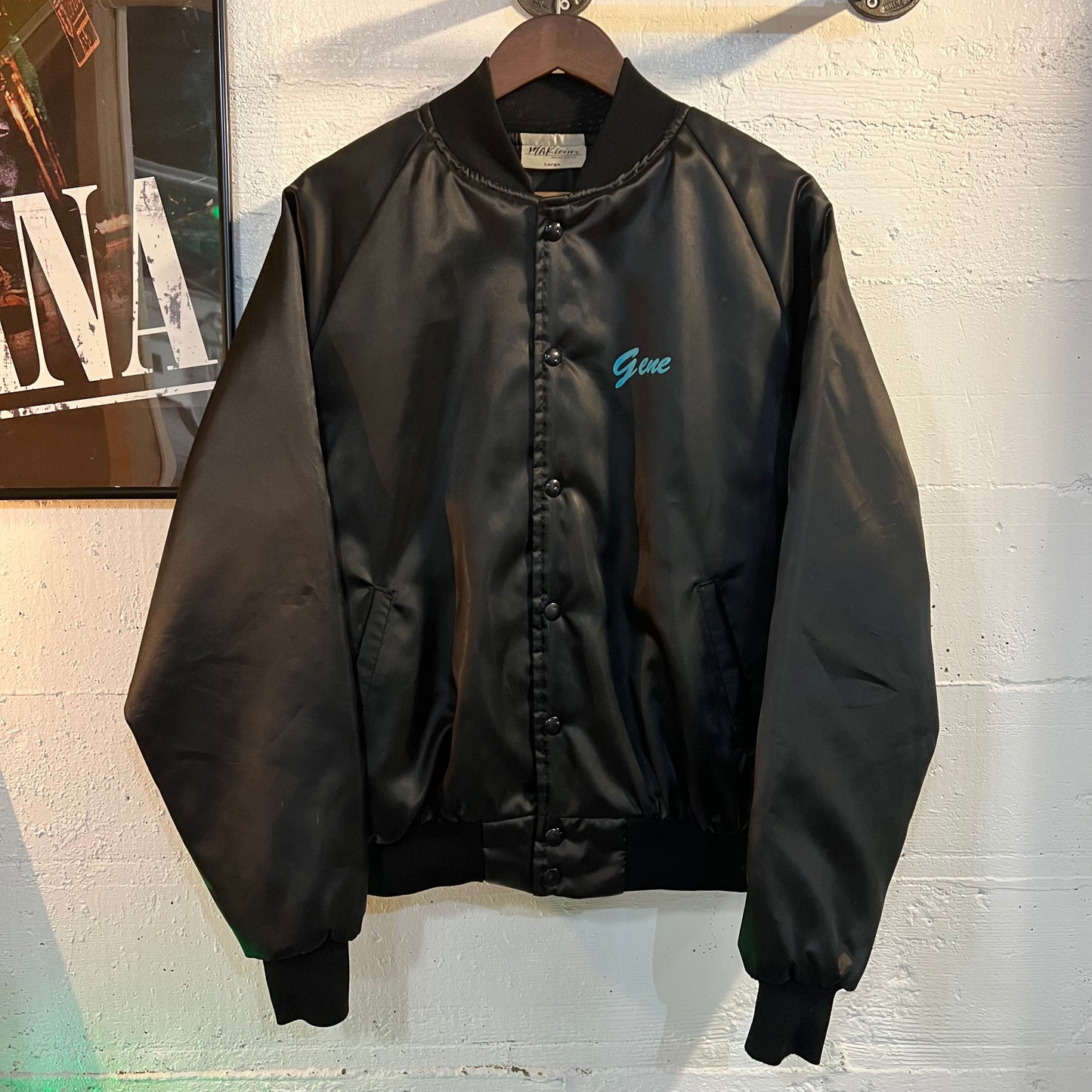 Vintage 1980's Union Made Satin Bomber Jacket - Size Large - Made In USA - Black/Turquoise