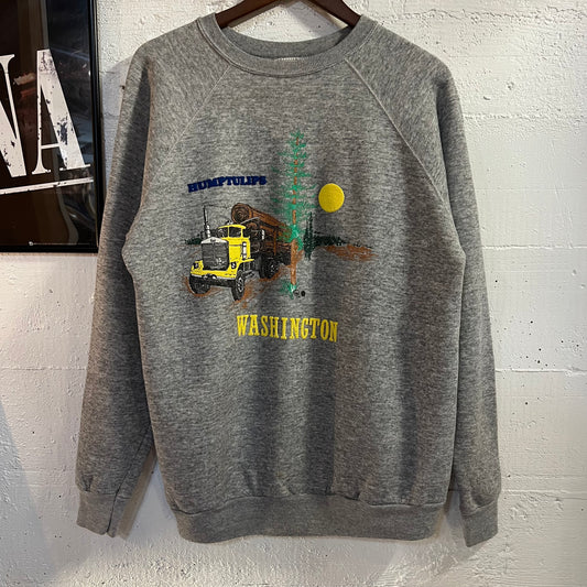 Vintage 80’s Humptulips, Washington Puff Print Raglan Sleeve Crewneck Sweatshirt - Size XL - Made In USA - Heather Grey/Multi