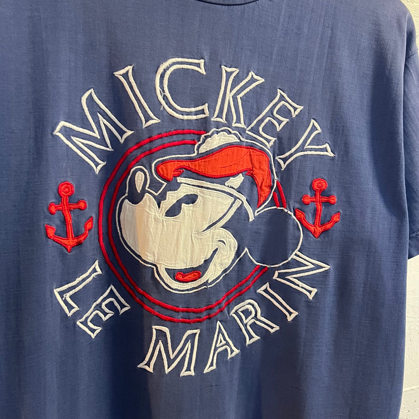 Vintage 90’s Embroidered Disney Mickey ‘Le Marin’ T-Shirt - Size Large - Blue/White/Red