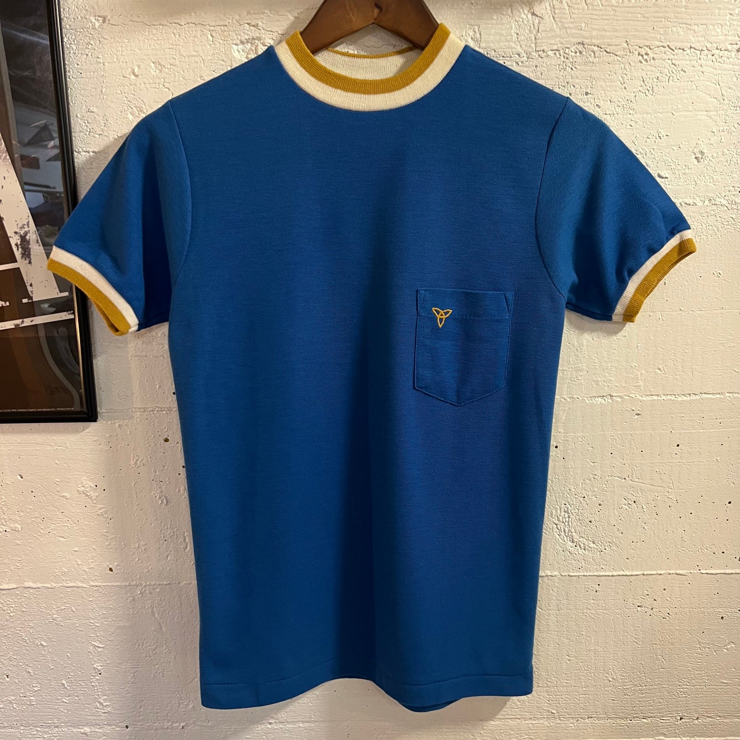True Vintage 1960’s Penney’s Towncraft Trinity Knot Knitted Ringer Pocket Baby T-Shirt - Size XS (14) - Made In USA - Blue/White/Mustard