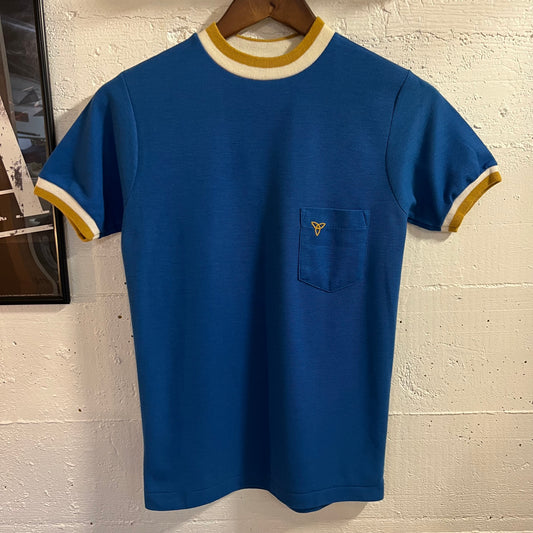 True Vintage 1960’s Penney’s Towncraft Trinity Knot Knitted Ringer Pocket Baby T-Shirt - Size XS (14) - Made In USA - Blue/White/Mustard