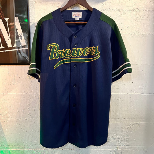 Vintage 90's Milwaukee Brewers Starter Stitched Baseball Jersey - Size XL - Navy/Green/Yellow