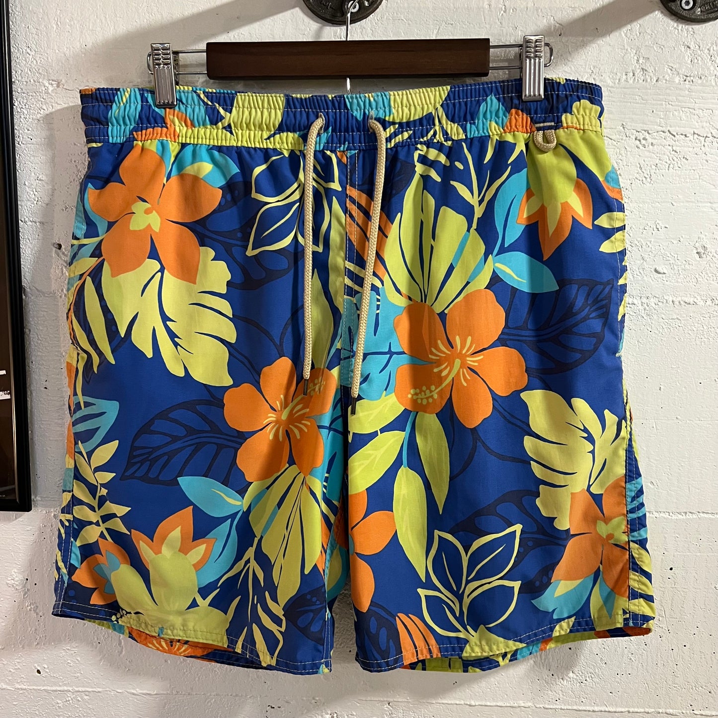 Polo Ralph Lauren Swimwear Tropical Floral Print Swim Trunks - Size Medium - Blue/Orange/Chartreuse