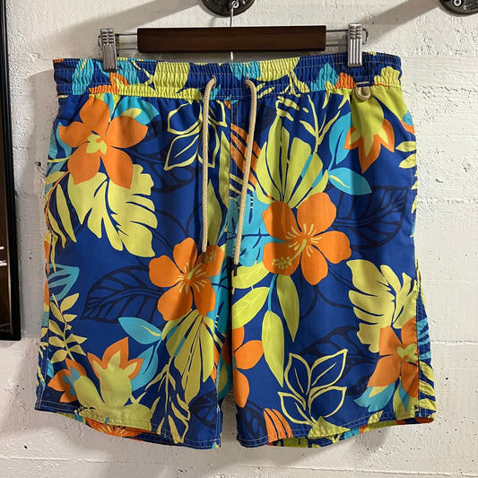 Polo Ralph Lauren Swimwear Tropical Floral Print Swim Trunks - Size Medium - Blue/Orange/Chartreuse