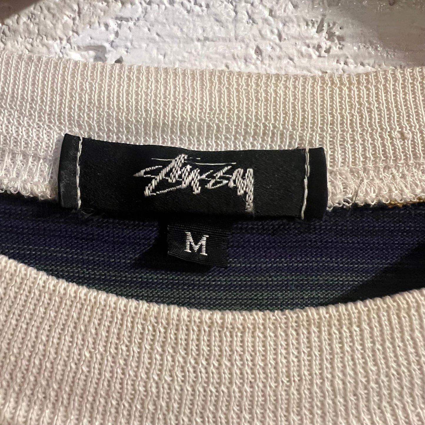 Vintage 80's Stüssy Embroidered Crown Striped Tom Tom Pocket T-Shirt
 - Size Medium - Made In USA