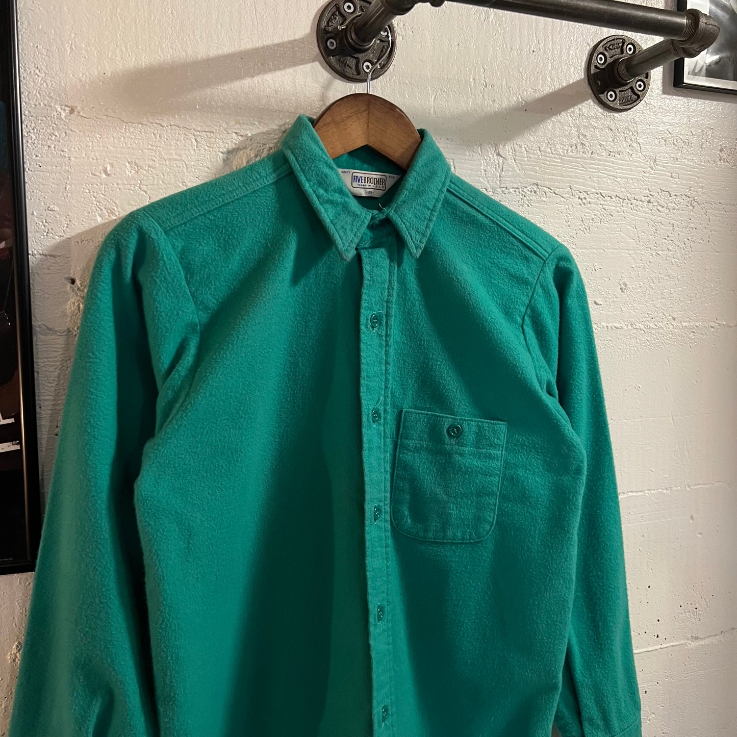 Vintage 70’s/80’s Five Brothers Chamois Cloth Long Sleeve Button Up Shirt - Size XS - Union Made In The USA - Kelly Green