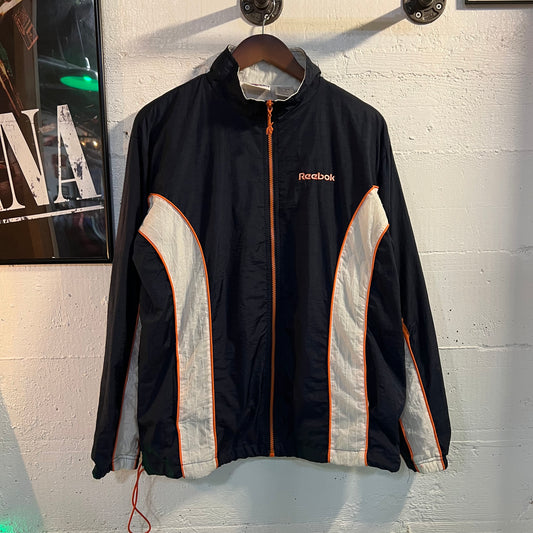 Vintage 90's Reebok Color-Blocked Zip-Up Windbreaker Jacket - Size Large - Navy/Orange