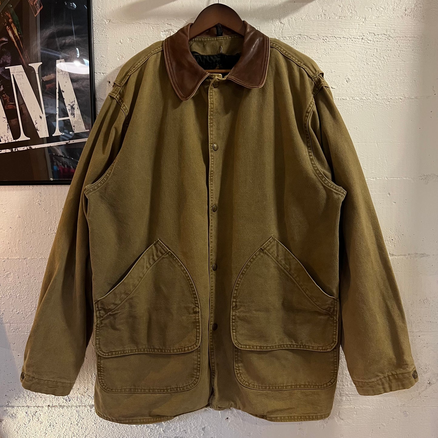 Vintage 90's Woolrich Aztec Lined Leather Collar Barn Coat - Size Large - Made In USA - Tan/Khaki