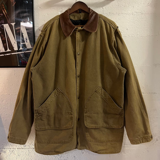 Vintage 90's Woolrich Aztec Lined Leather Collar Barn Coat - Size Large - Made In USA - Tan/Khaki