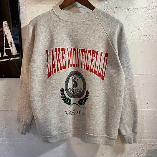 Vintage 1992 Lake Monticello, Virginia Raglan Sleeve Crewneck Sweatshirt - Size Medium - Made In USA - Heather Grey/Red/Multi