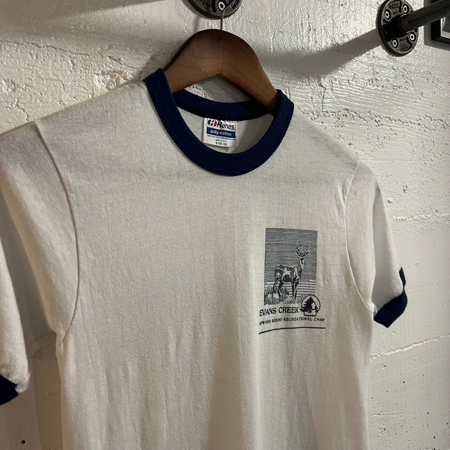 Vintage 80’s Evan’s Creek Camp Single Stitch Ringer Baby T-Shirt - Size Small - Made In USA - White/Navy