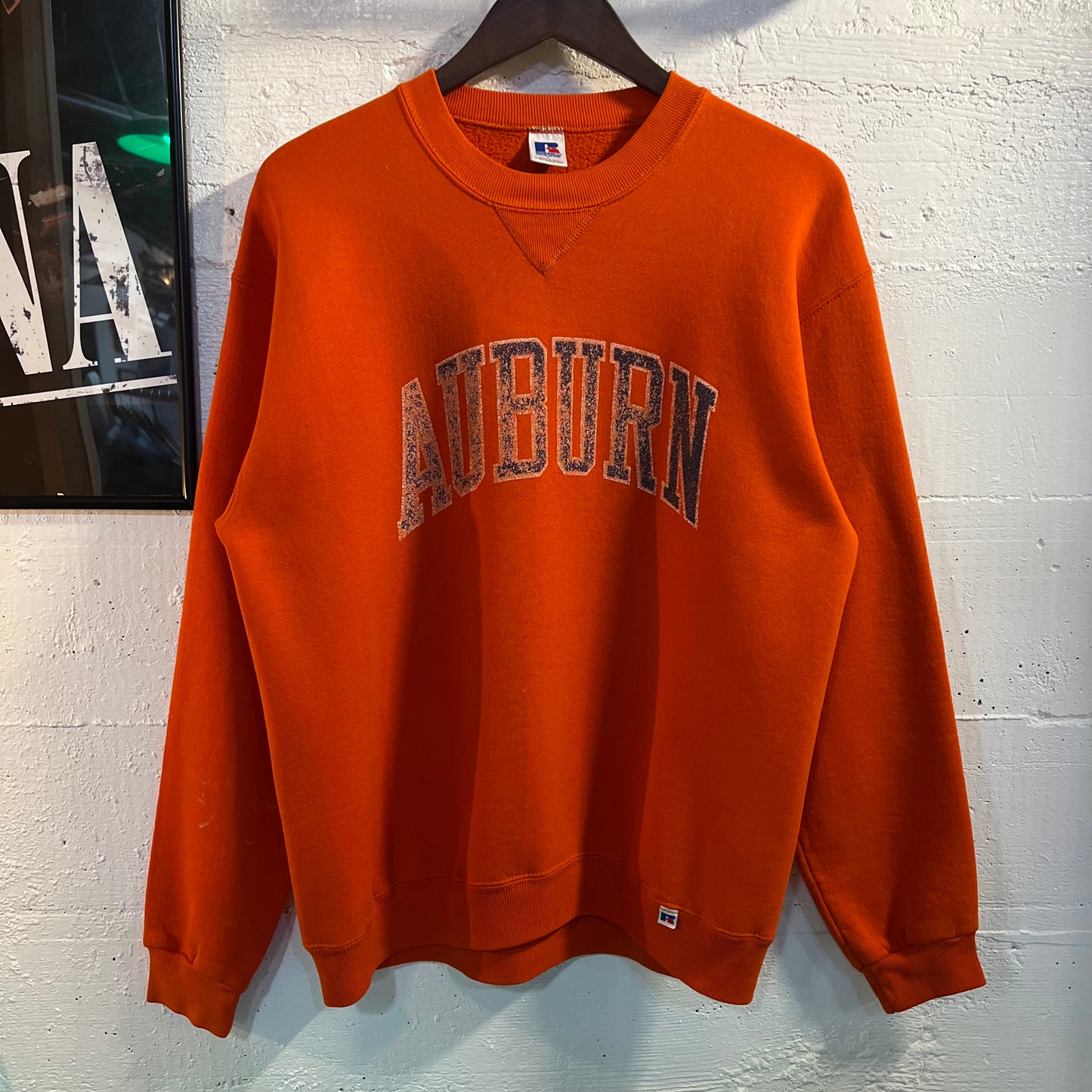 Vintage 1980's Auburn University Russell Athletic Distressed Crewneck Sweatshirt - Size Large - Made in USA - Orange/Navy