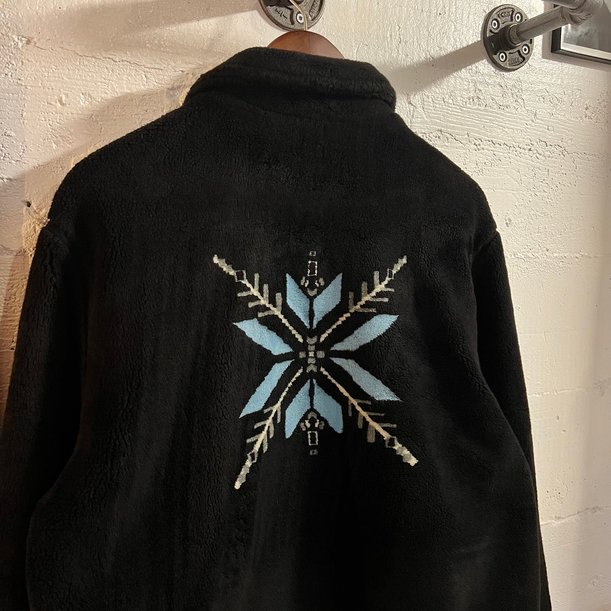 Vintage 90’s Tsunami ‘Snowflake’ Cropped Fleece Button Up Jacket - Size Large - Made In Canada - Black/Blue/Grey/White